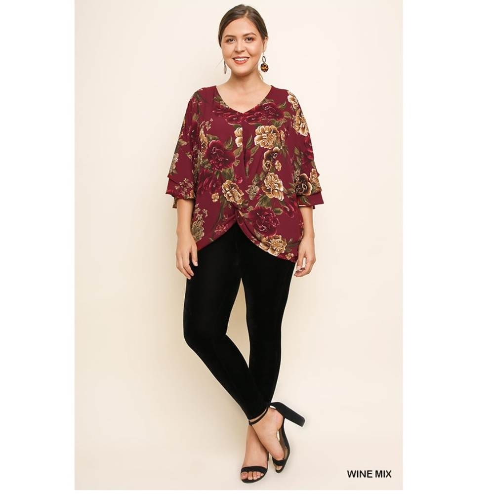 NEW Bell Sleeve Floral Print V-Neck Top XL 2X